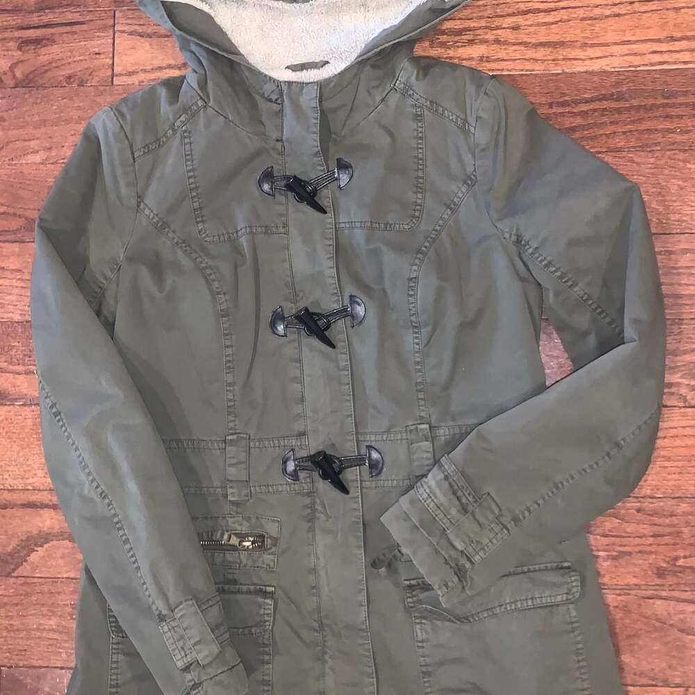 BNCI‎ Olive Utility Coat Sherpa Lined Cozycore Gorpcore Hooded Jacket Size M
